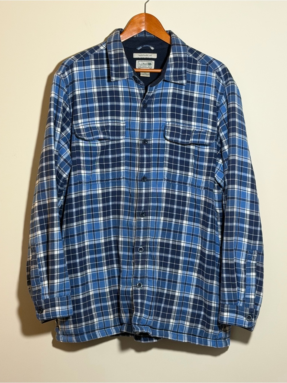 L.L.Bean Men’s L Traditional Fit Plaid Fleece Lined Shirt Jacket Blue Cotton